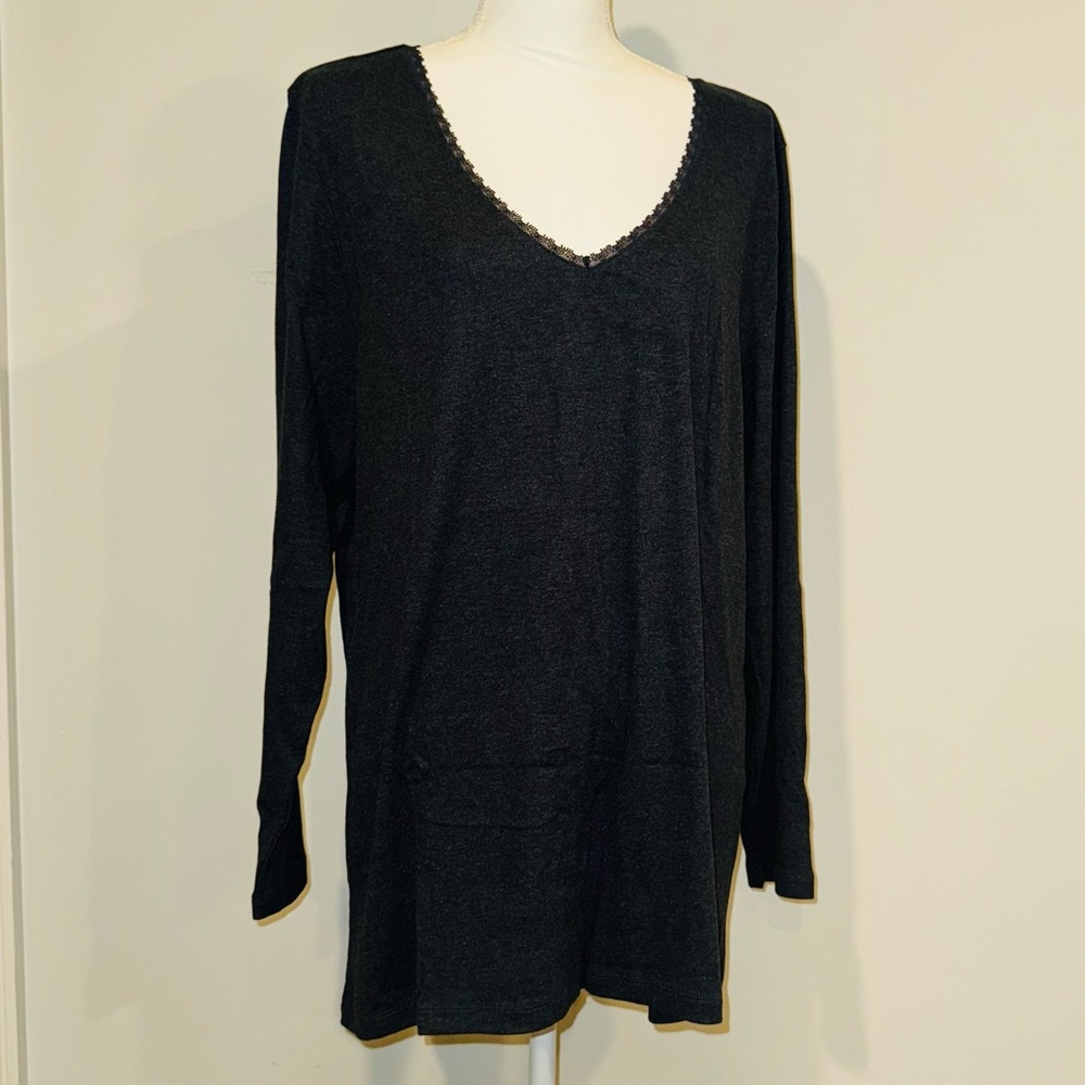SOFT SURROUNDINGS V Neck Lace Edged Women Knit Tunic Top Long Sleeve 3X Grey